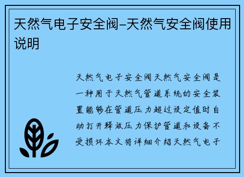 天然气电子安全阀-天然气安全阀使用说明